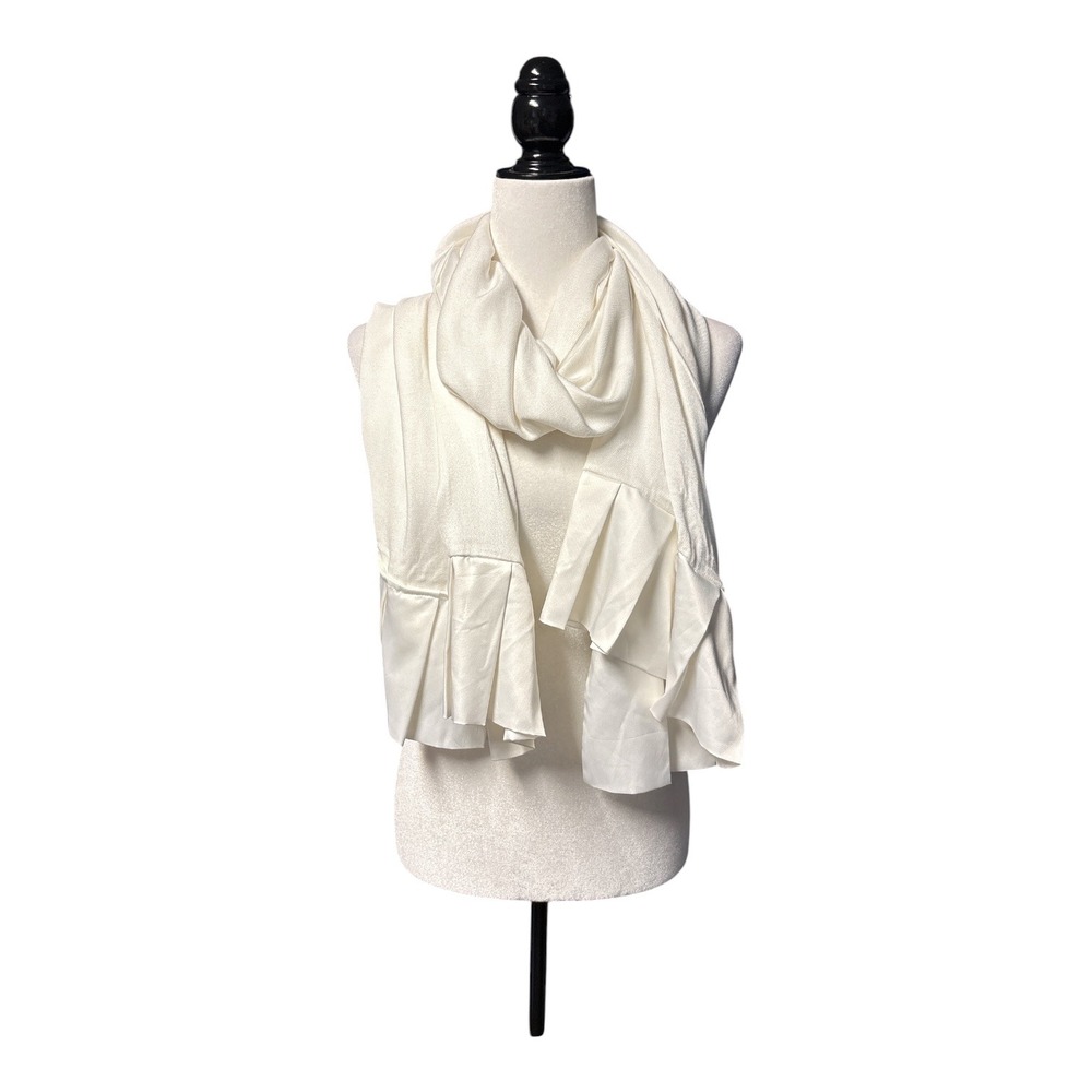 Di Firenze Cream Viscose Scarf with Pleated Ruffle Trim Off White Wrap 23" x 37"